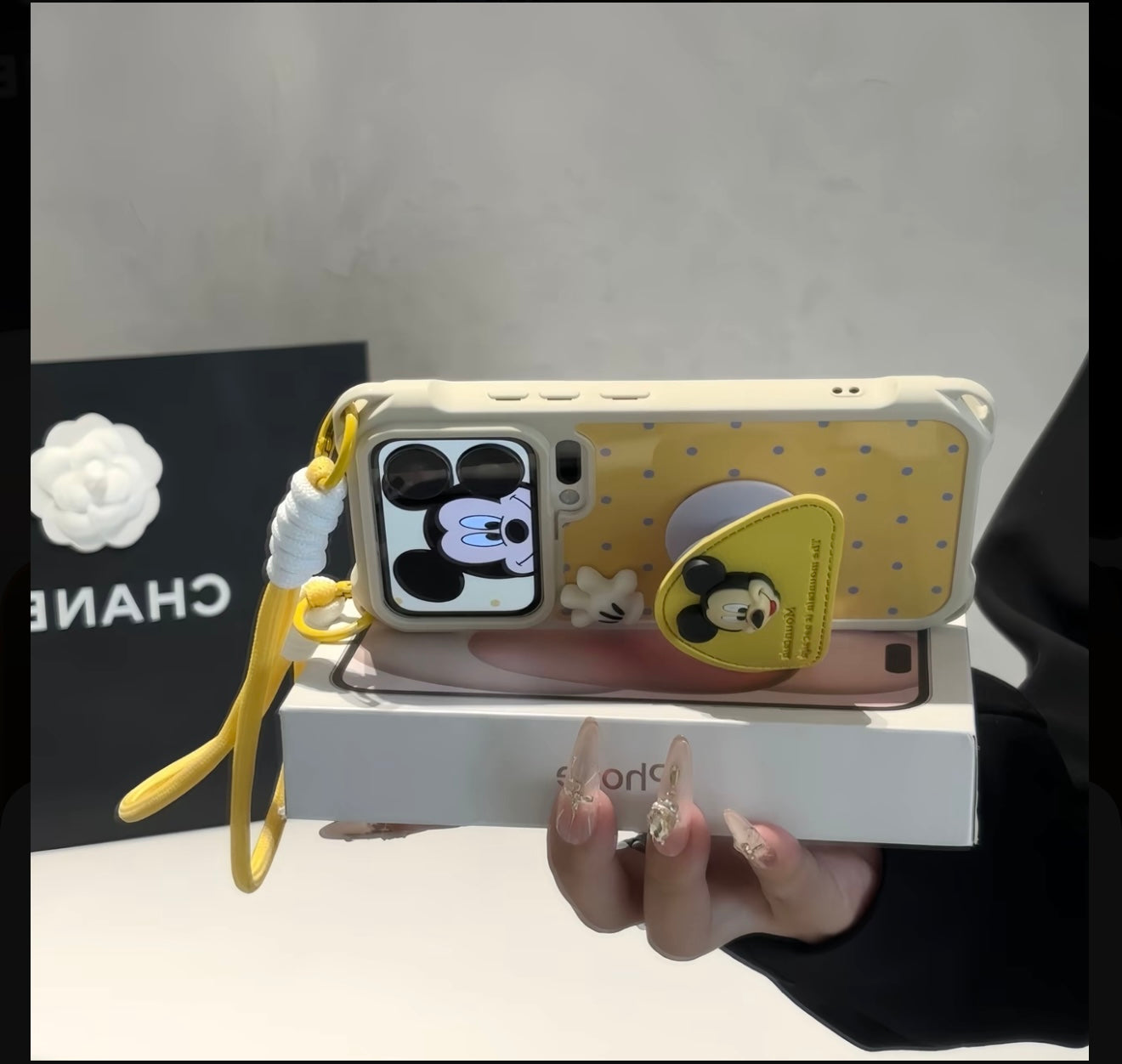 3D Mickey Mouse Polka Dot Phone Case with Pop Pocket & Lanyard, Cute Aesthetic Protective Cover with Camera Protection