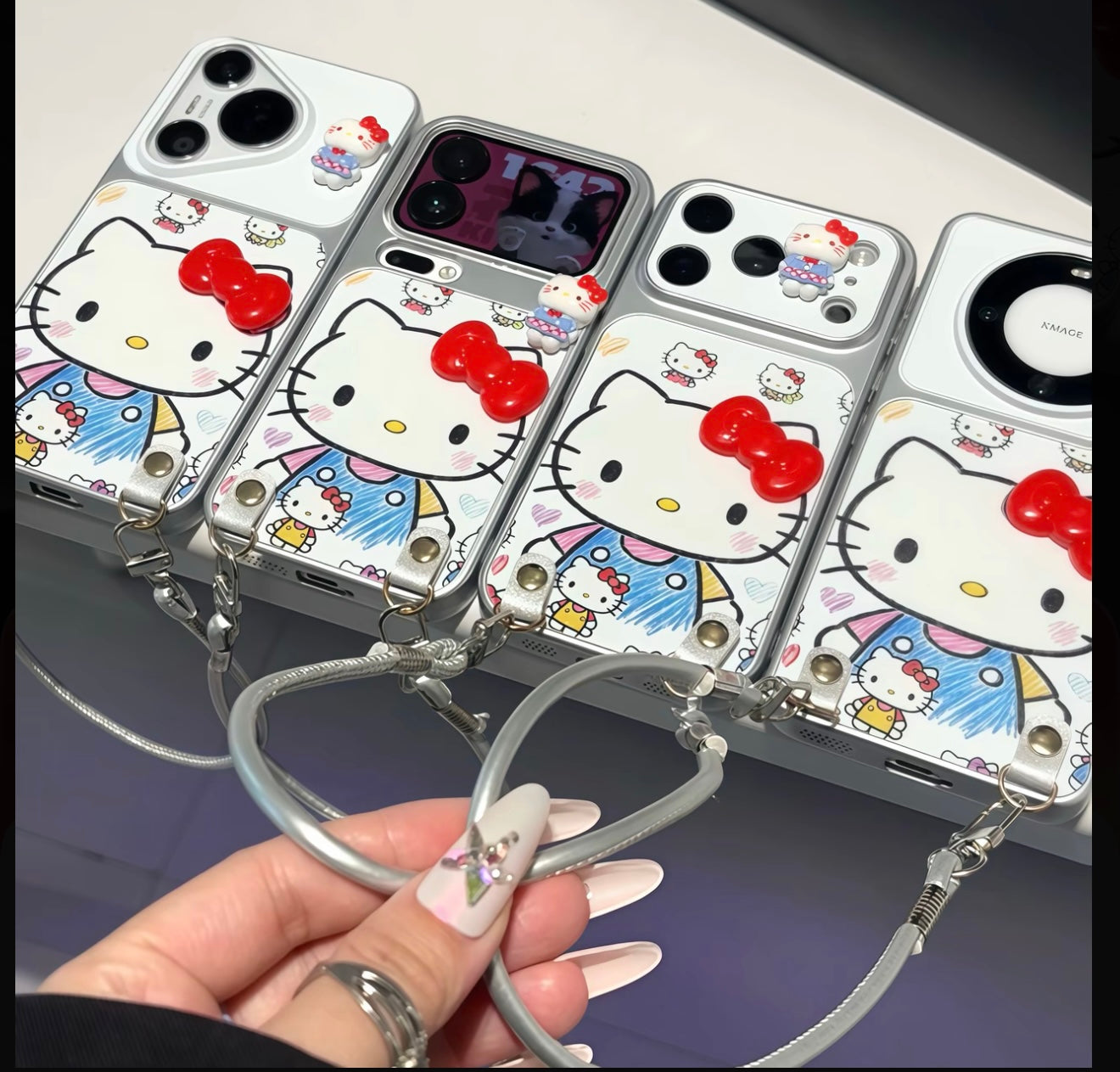 3D Bow Hello Kitty Phone Case with Wrist Lanyard, Anti-Fall Soft Silicone Cover, Cute Cartoon Sanrio Case for iPhone