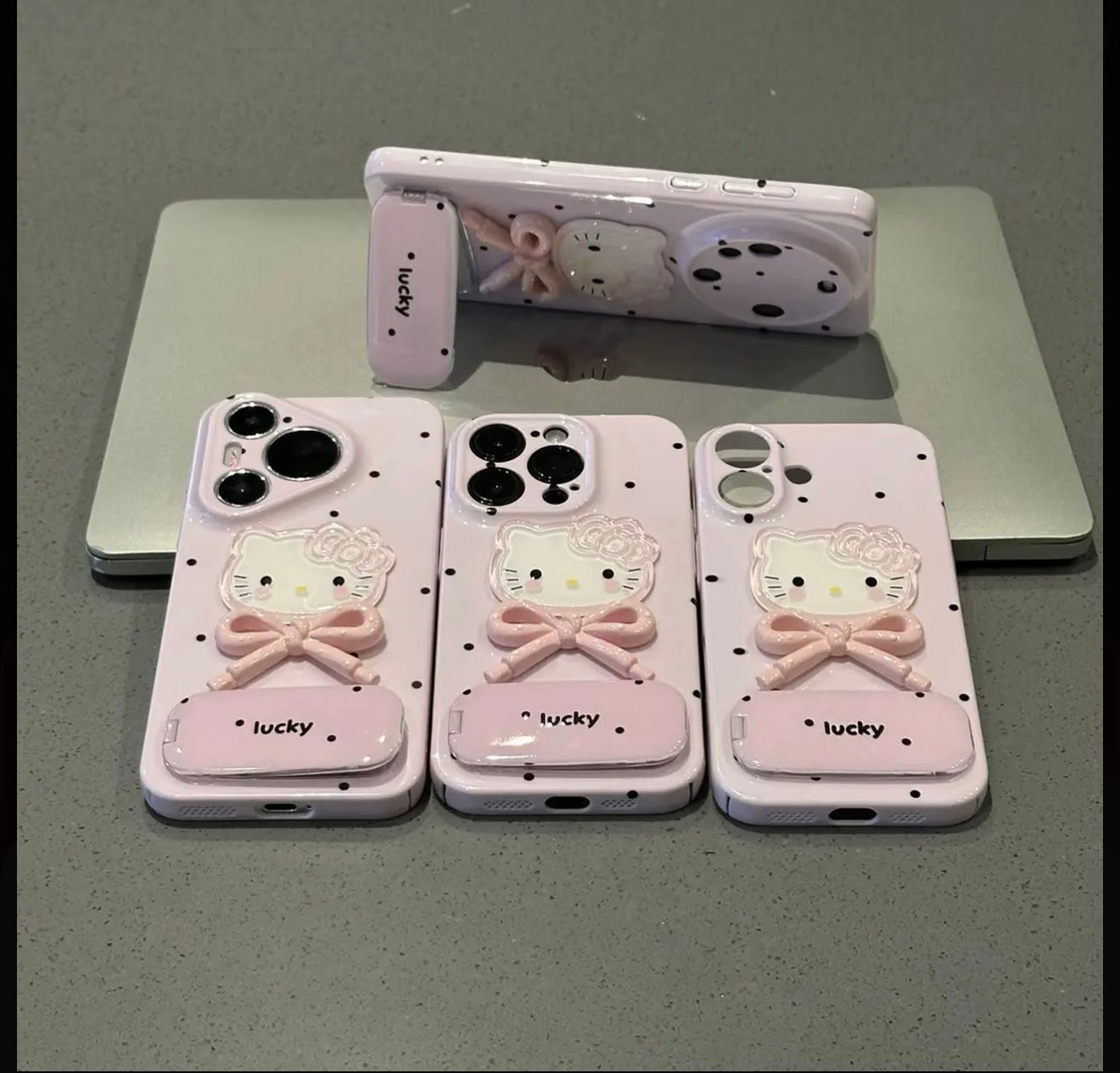 Cute Hello Kitty 3D Bow Mirror Stand Phone Case - Pink Polka Dot Lucky Folding Bracket Shockproof Cover for iPhone