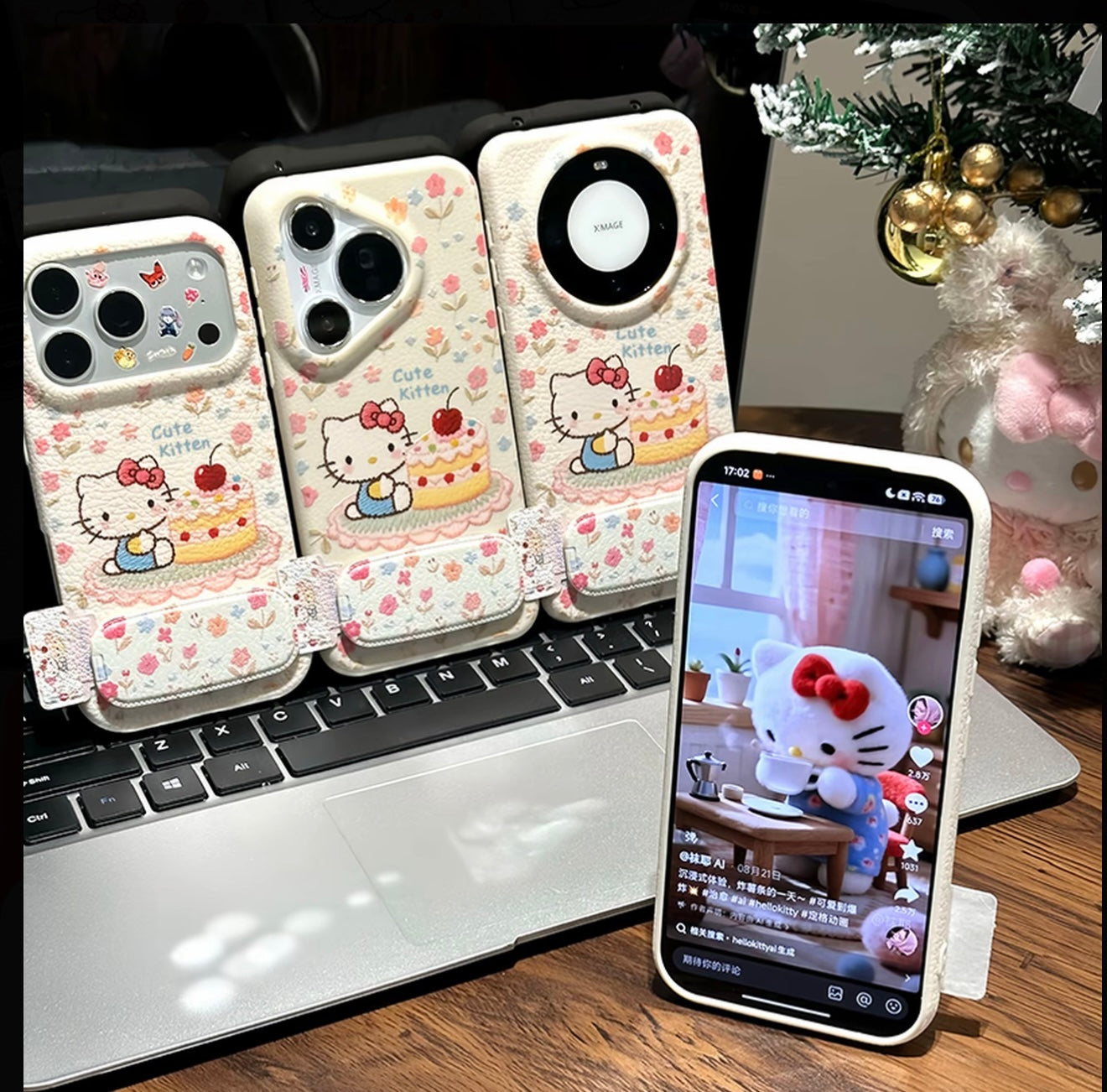 Cute Hello Kitty Floral Phone Case with Foldable Mirror Kickstand - Shockproof Protective Cover for iPhone