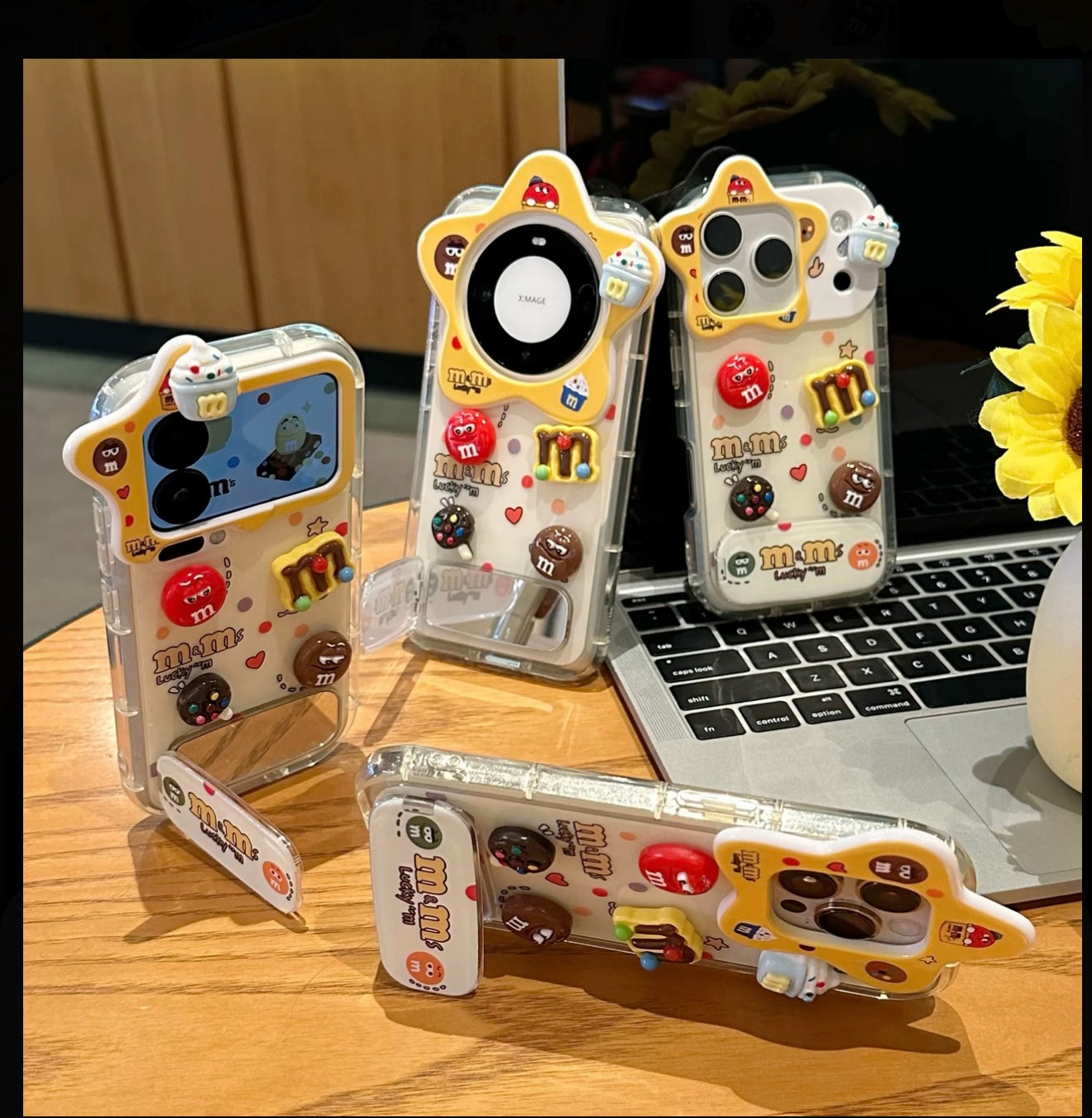 Cute 3D M&M’s Candy Phone Case with Star Camera Frame, Clear TPU Anti-Fall Cover with Foldable Stand & Mirror for iPhone