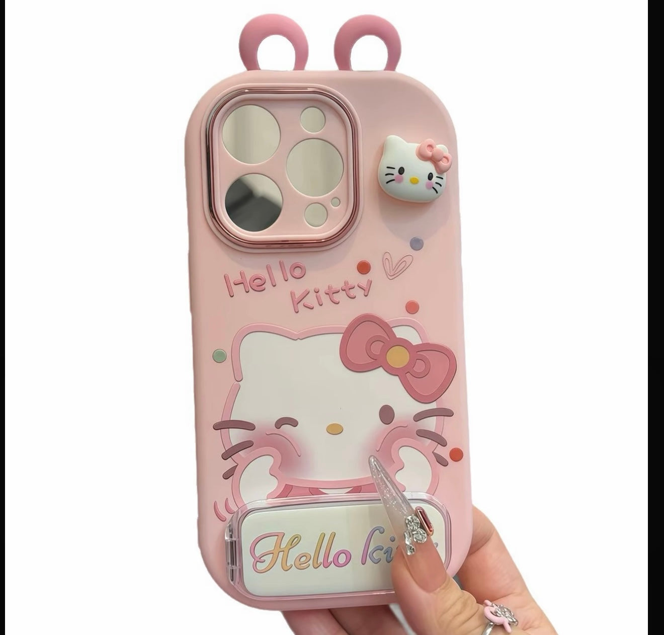 Cute Sanrio Hello Kitty Phone Case with Flip Mirror & Bracket, Soft Silicone Anti-Drop Case for iPhone