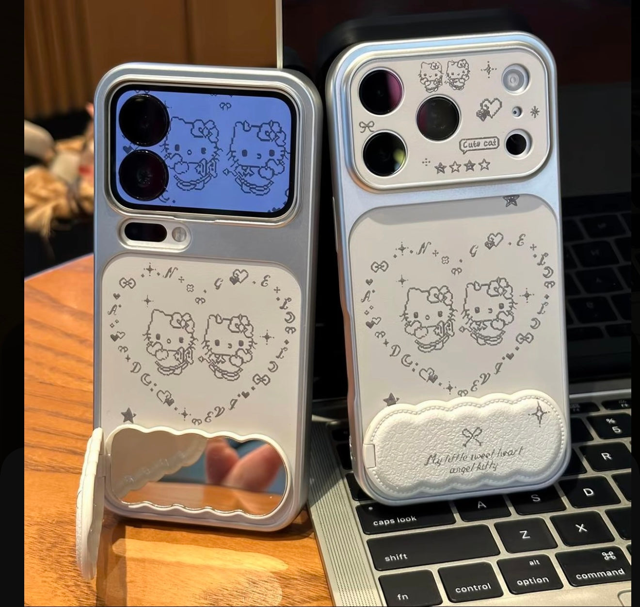 Cute Heart Hello Kitty Phone Case with Foldable Makeup Mirror Kickstand, Multi-Angle Hands-Free Stand for Watching Videos Reading, Shockproof Full Camera Protection Kawaii Girly Cover for iPhone Flip Fold Series