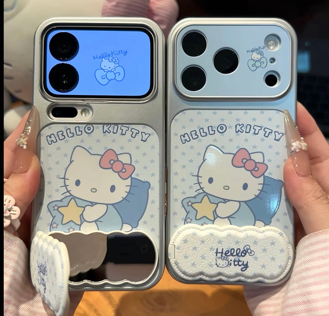 Cute Pastel Blue Hello Kitty Star Print Flip Mirror Stand Phone Case, Vertical & Horizontal View Holder Girly Soft Protective Phone Cover For All Smartphones