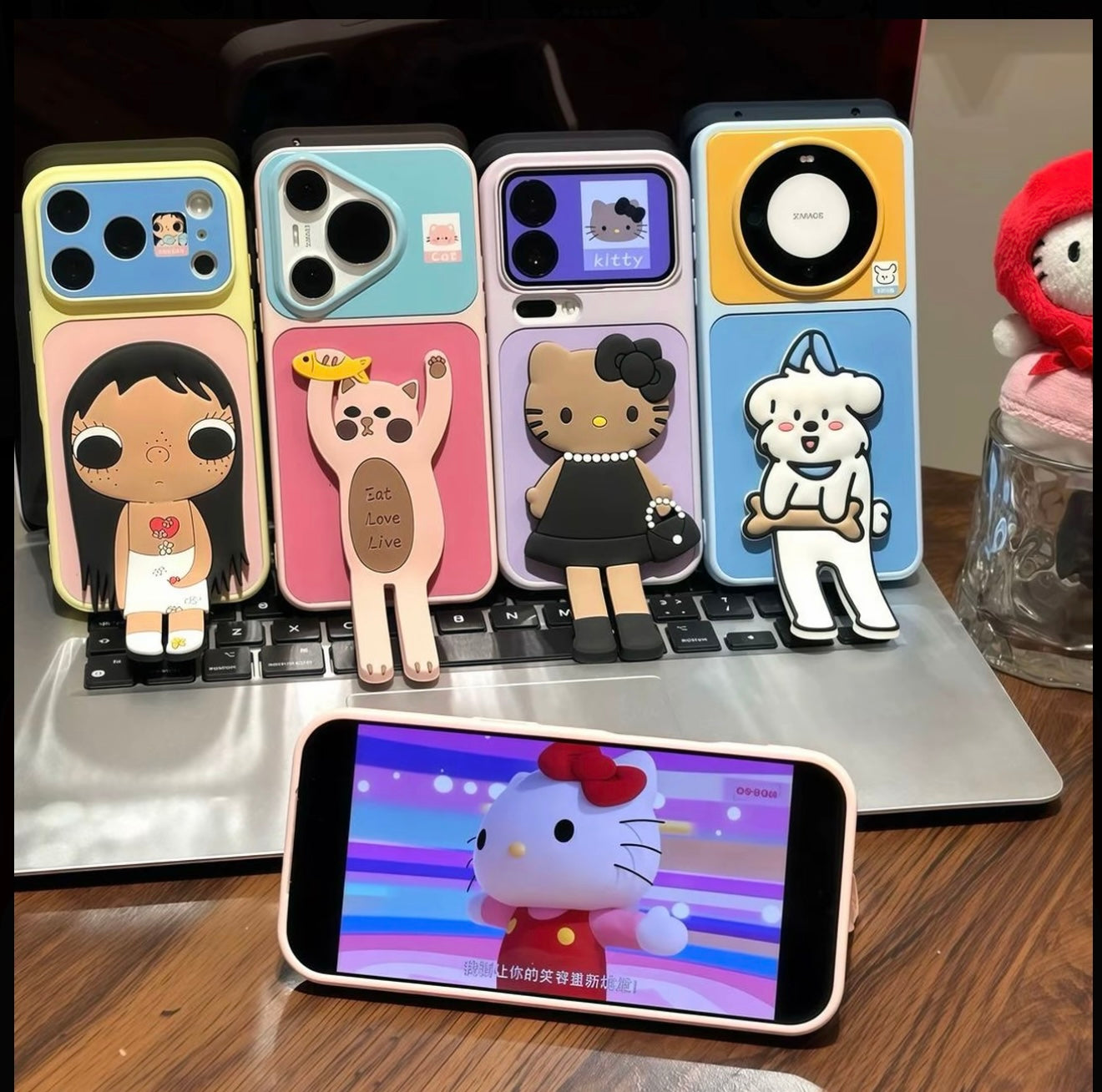 Cute 3D Cartoon Character Foldable Kickstand Phone Case, Hello Kitty / Cat / White Dog / Big Eyes Girl Stereo Figure Stand Shockproof Protective Cover For iPhone