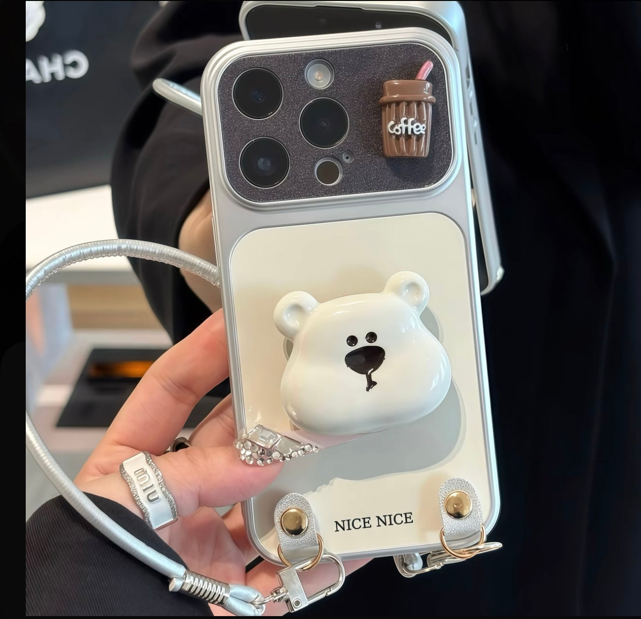 Trendy Aesthetic Bear Stand Phone Case With Hand Strap, Cute Mini Coffee Cup Decor Silver Frame Anti-slip Protective Phone Cover For All Phones