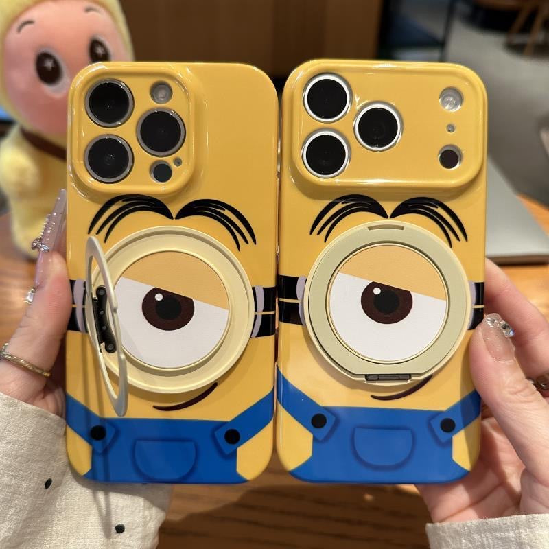 Cute Cartoon Minions Phone Case With 3D Rotatable Big Eye Ring Stand, Glossy Yellow Shockproof Protective Phone Cover For iPhone All Models