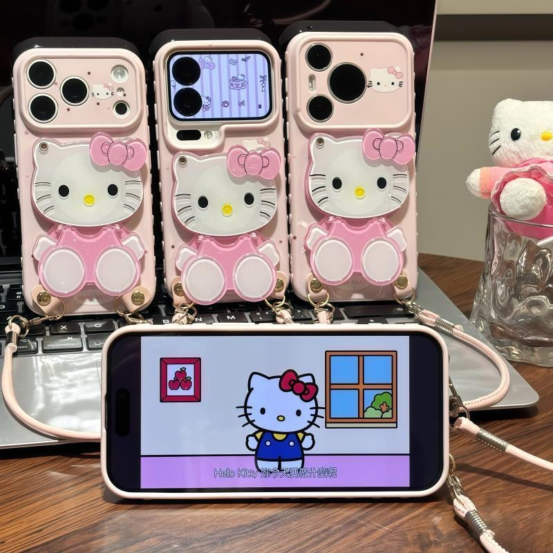 Girly Aesthetic Hello Kitty Mirror Phone Case, Adjustable Wrist Lanyard 3D Kitty Holder Design Anti-drop Cute Cartoon Cell Phone Cover for Girls Women