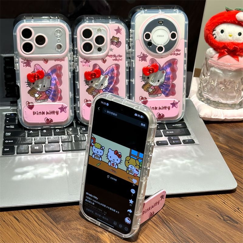 Cute Pink Hello Kitty Butterfly Phone Case, Clear Shockproof Protective Case With Foldable Stand, Soft Girl Y2K Sanrio Character Phone Cover