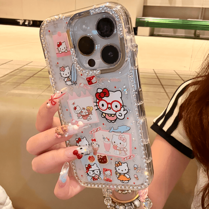 Cute Clear Glitter Hello Kitty Phone Case, Diamond Rhinestone Camera Frame Protective Cover With Detachable Pink Bead Bracelet Charm for iPhone