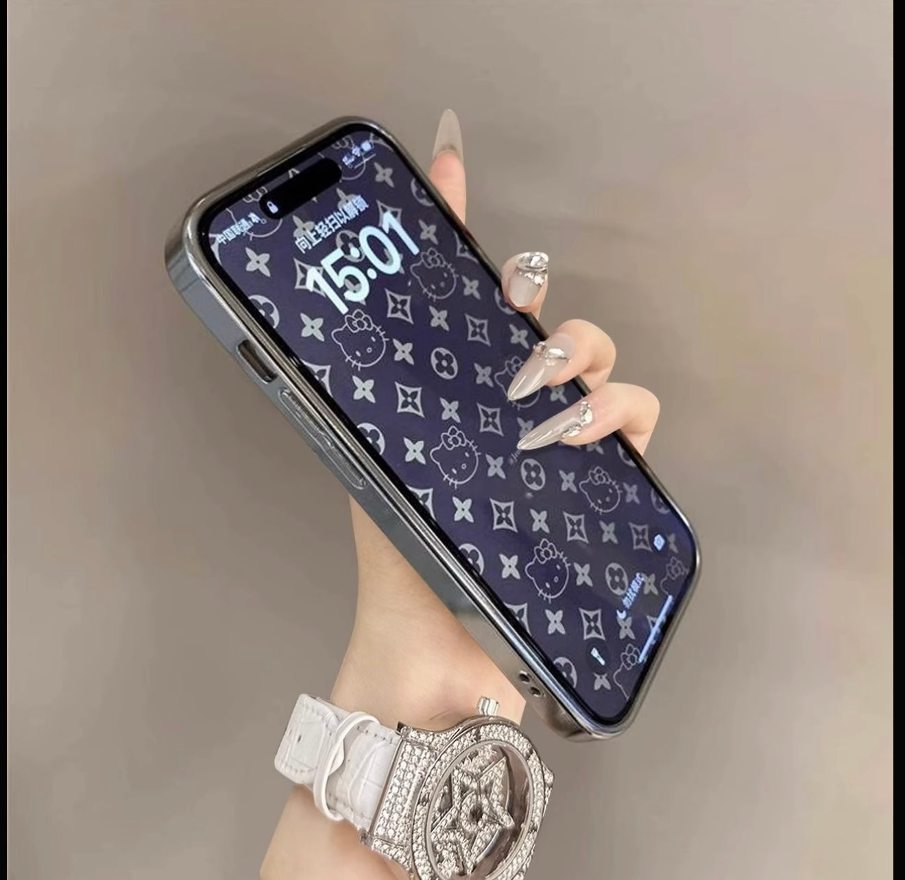 Aesthetic Mirror Camera Frame Hello Kitty Phone Case, Girly Kawaii Silver Plating Hello Kitty Pattern Anti-drop iPhone Shell For Women Girls