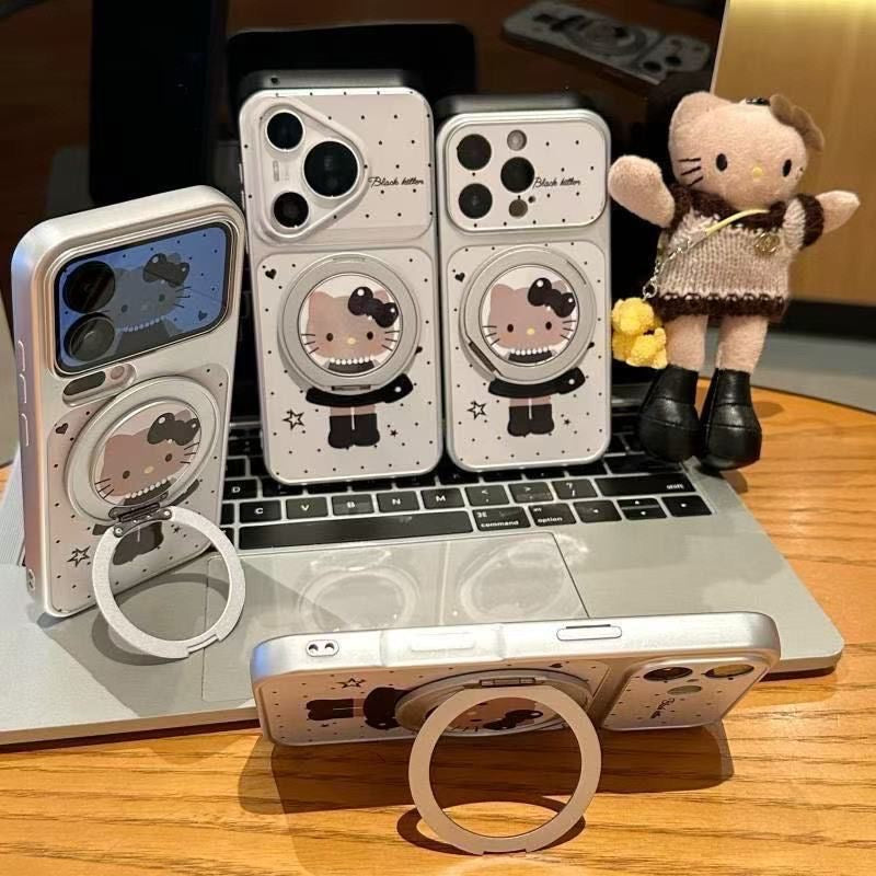 Gothic Black Dress Hello Kitty Cartoon Phone Case, 360° Rotatable Magnetic Ring Kickstand Polka Dot Star Print Anti-Drop Protective Cover for iPhone