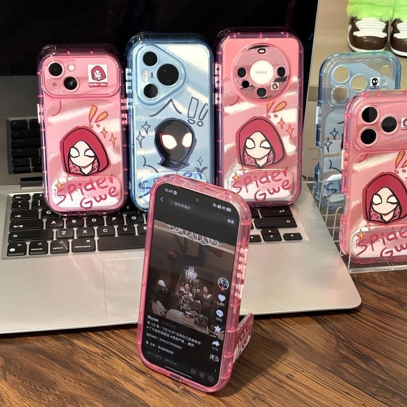 Cute Cartoon SuperHero Spiderman SpiderGwen Face Print Transparent Shockproof Phone Case Built-in Hidden Kickstand Anti-Drop Protective Cover