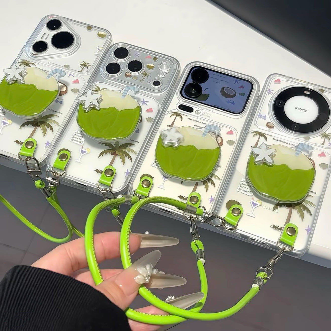 Tropical Coconut 3D Grip Phone Case with Green Lanyard, Clear Cute Summer Palm Tree Print Protective Cover
