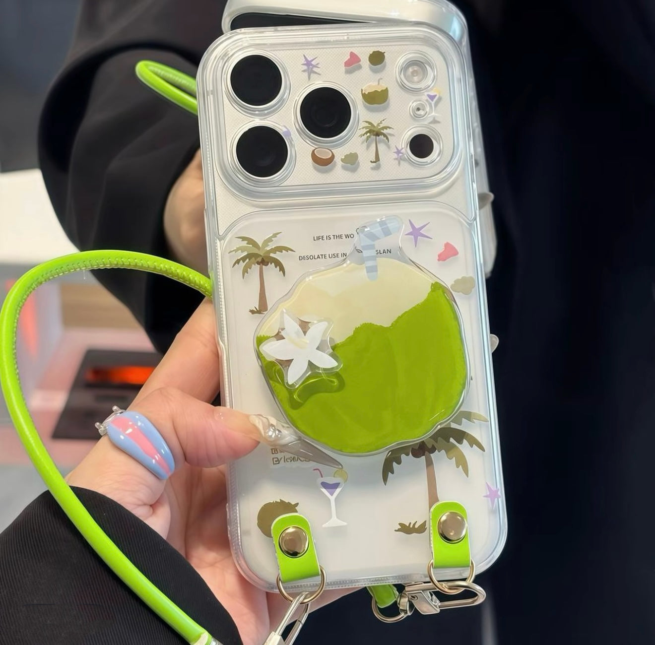 Tropical Coconut 3D Grip Phone Case with Green Lanyard, Clear Cute Summer Palm Tree Print Protective Cover