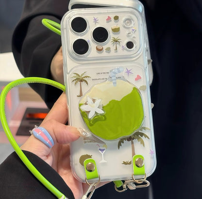 Tropical Coconut 3D Grip Phone Case with Green Lanyard, Clear Cute Summer Palm Tree Print Protective Cover