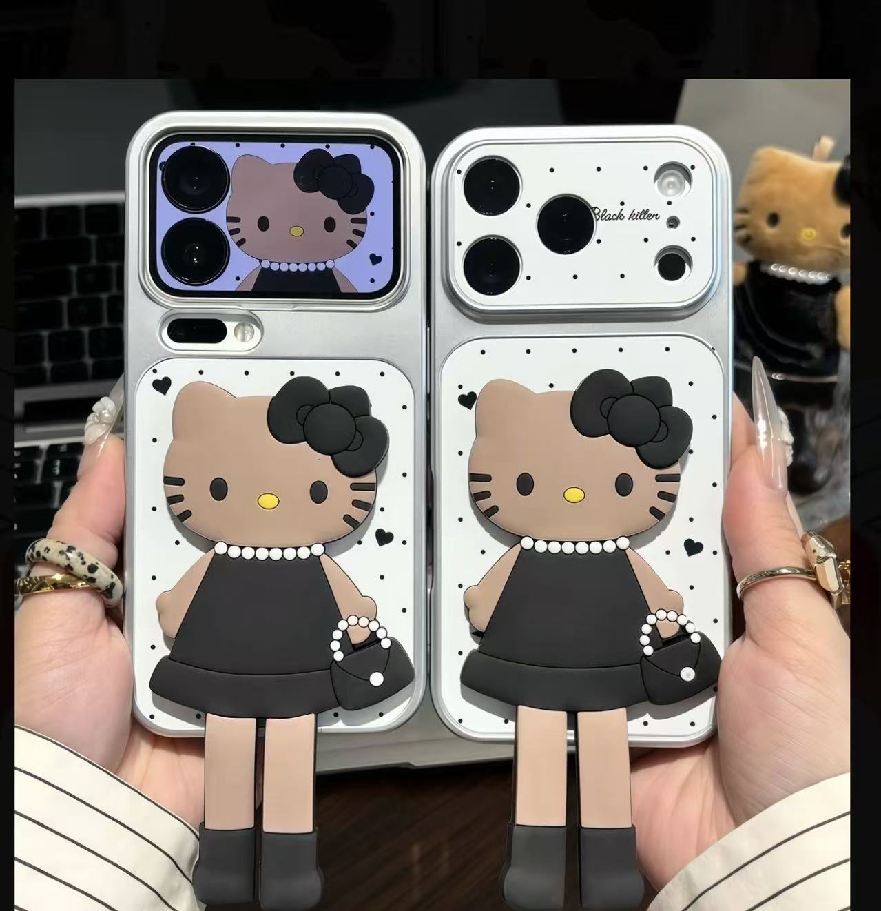 Chic Black & White Hello Kitty 3D Phone Case - Kawaii Brown Skin KT in Elegant Dress