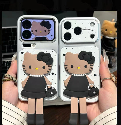 Chic Black & White Hello Kitty 3D Phone Case - Kawaii Brown Skin KT in Elegant Dress