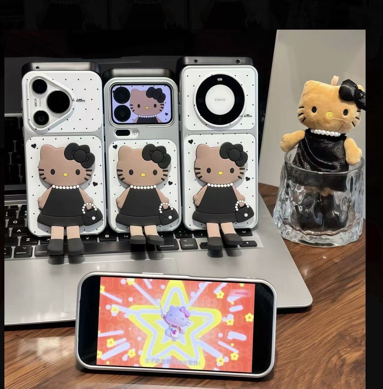 Chic Black & White Hello Kitty 3D Phone Case - Kawaii Brown Skin KT in Elegant Dress