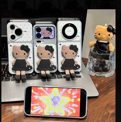 Chic Black & White Hello Kitty 3D Phone Case - Kawaii Brown Skin KT in Elegant Dress