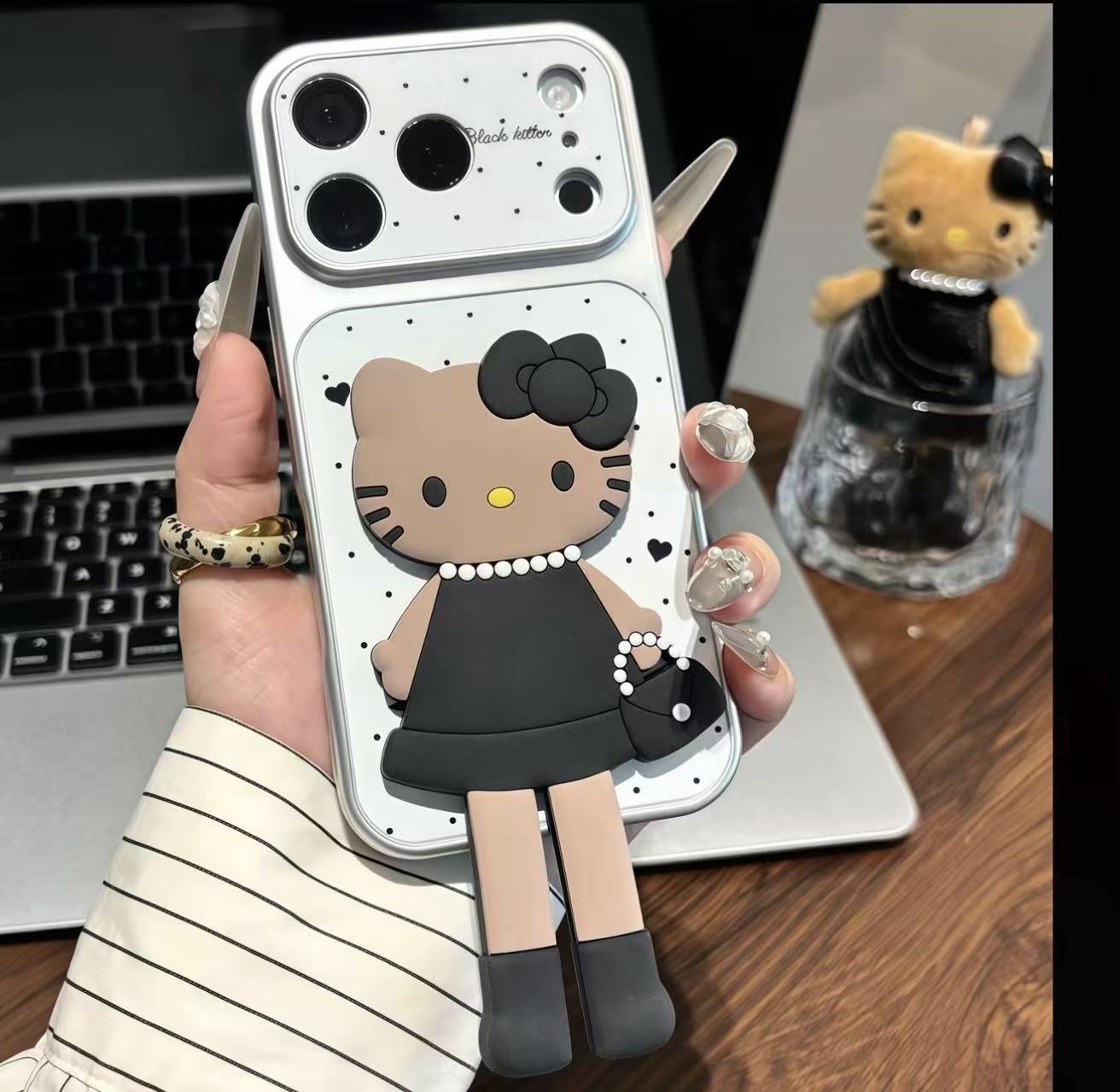 Chic Black & White Hello Kitty 3D Phone Case - Kawaii Brown Skin KT in Elegant Dress