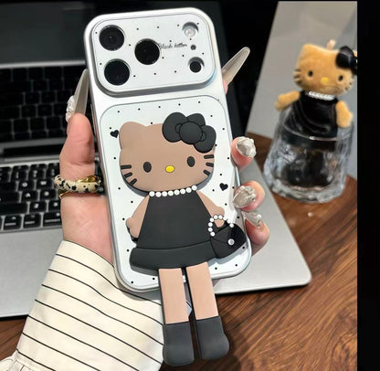Chic Black & White Hello Kitty 3D Phone Case - Kawaii Brown Skin KT in Elegant Dress