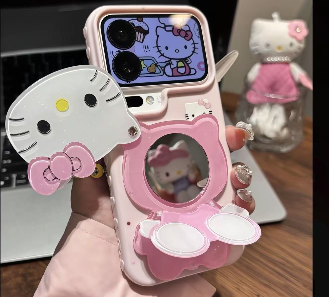 Pink Hello Kitty Mirror Phone Case | Foldable Dual-Position Kickstand Cute Kawaii Protective Case