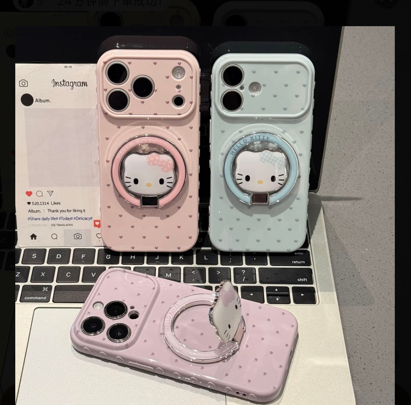Kawaii Hello Kitty Heart Polka Dot Mirror Phone Case with 360° Rotating Ring Holder, Cute Aesthetic Protective Cover