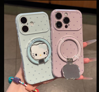 Kawaii Hello Kitty Heart Polka Dot Mirror Phone Case with 360° Rotating Ring Holder, Cute Aesthetic Protective Cover