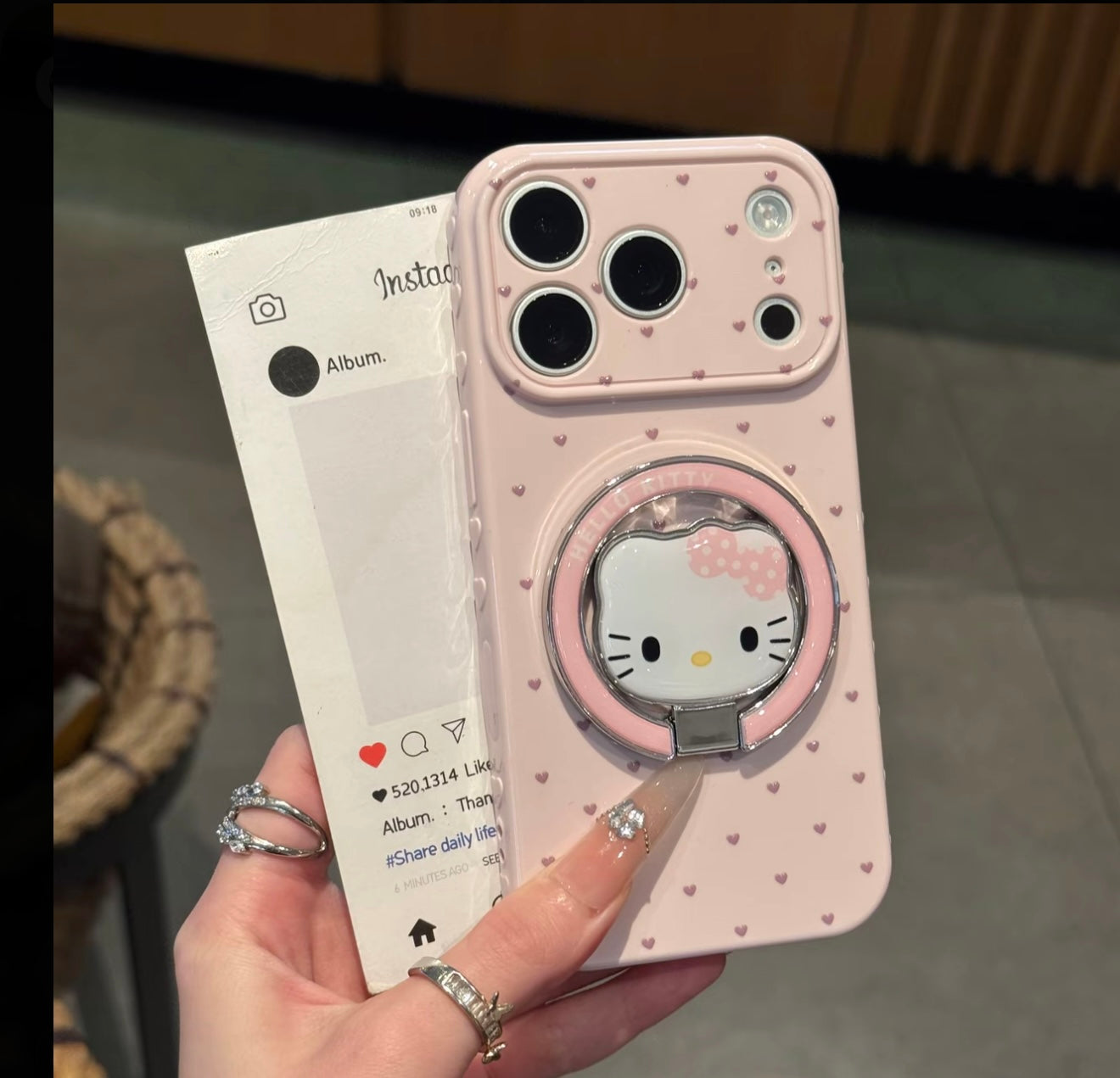 Kawaii Hello Kitty Heart Polka Dot Mirror Phone Case with 360° Rotating Ring Holder, Cute Aesthetic Protective Cover