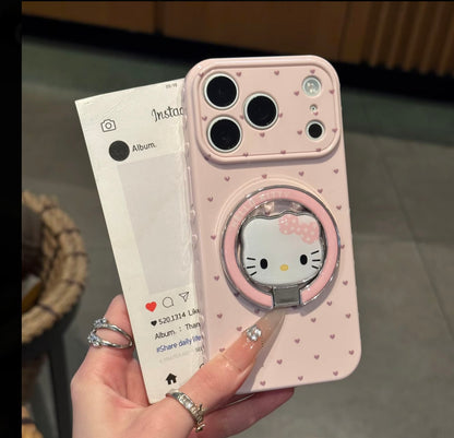 Kawaii Hello Kitty Heart Polka Dot Mirror Phone Case with 360° Rotating Ring Holder, Cute Aesthetic Protective Cover