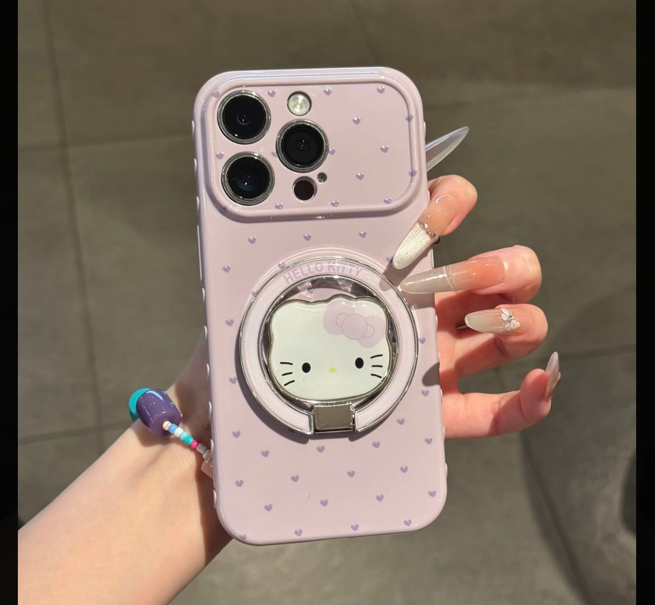 Kawaii Hello Kitty Heart Polka Dot Mirror Phone Case with 360° Rotating Ring Holder, Cute Aesthetic Protective Cover