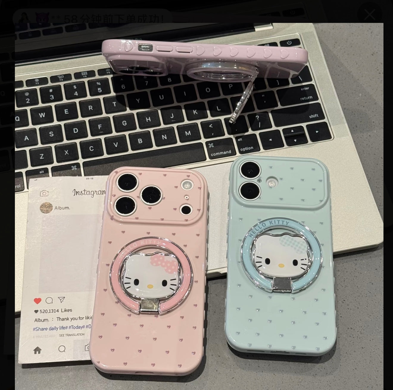 Kawaii Hello Kitty Heart Polka Dot Mirror Phone Case with 360° Rotating Ring Holder, Cute Aesthetic Protective Cover