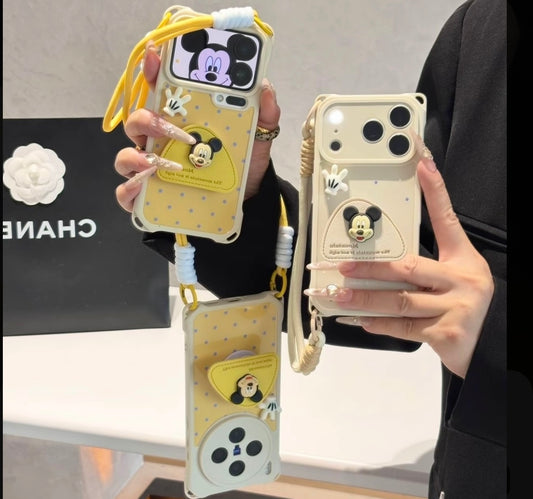 Funda de teléfono 3D de Mickey Mouse de lunares con Pop Socket y cordón, bonita funda protectora estética con protección de cámara