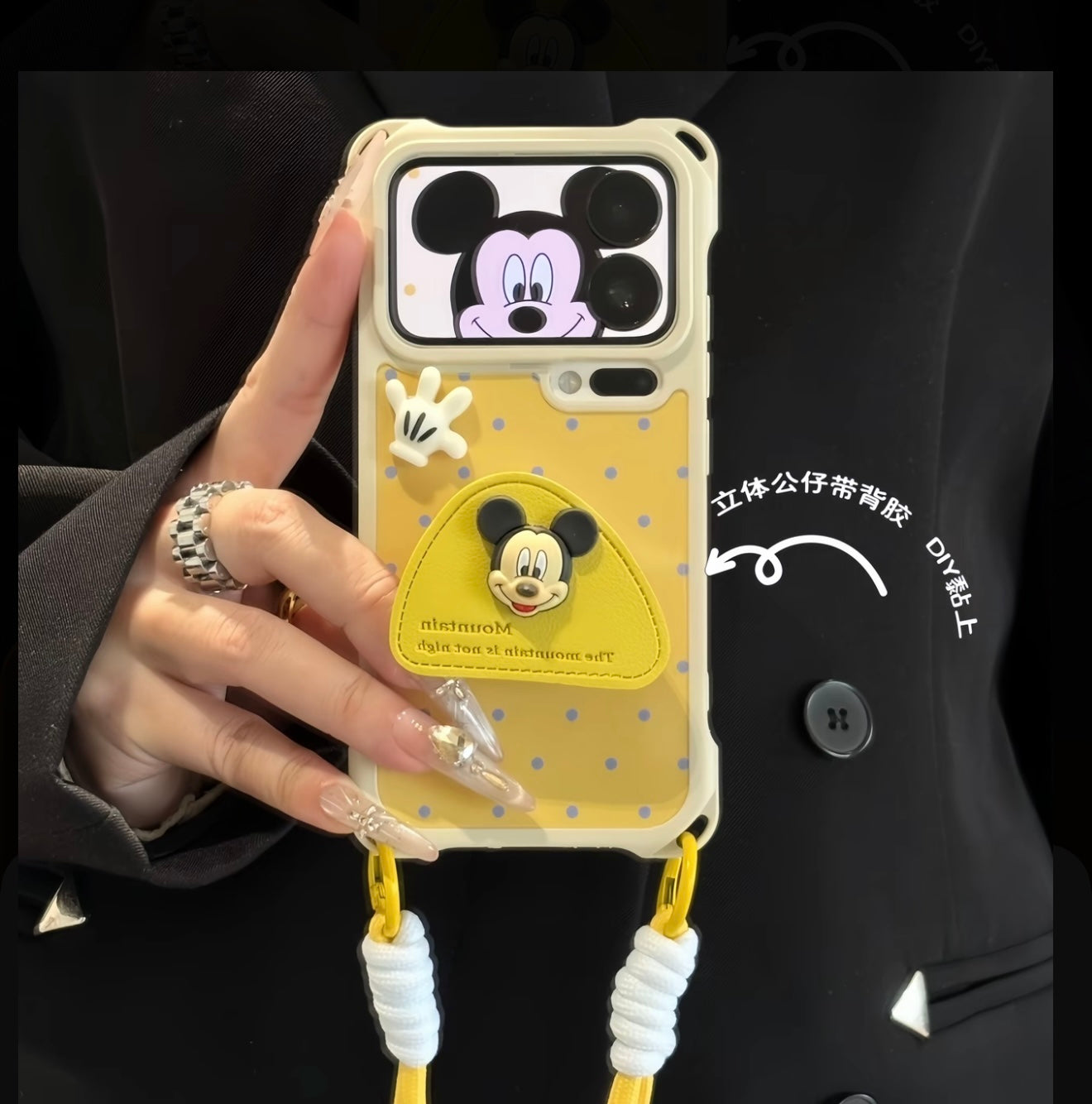 3D Mickey Mouse Polka Dot Phone Case with Pop Pocket & Lanyard, Cute Aesthetic Protective Cover with Camera Protection