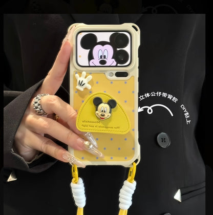 3D Mickey Mouse Polka Dot Phone Case with Pop Pocket & Lanyard, Cute Aesthetic Protective Cover with Camera Protection
