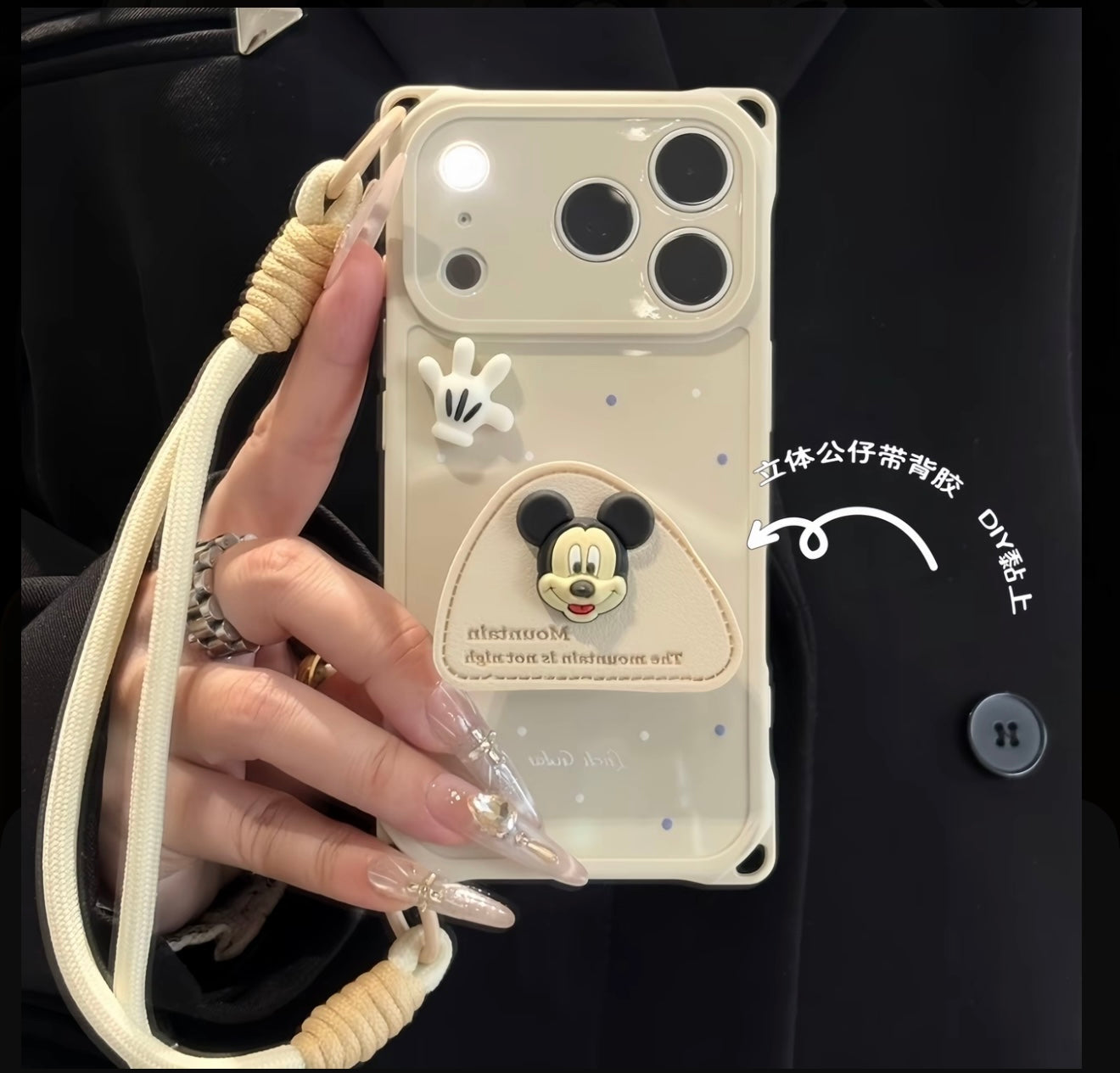 3D Mickey Mouse Polka Dot Phone Case with Pop Pocket & Lanyard, Cute Aesthetic Protective Cover with Camera Protection