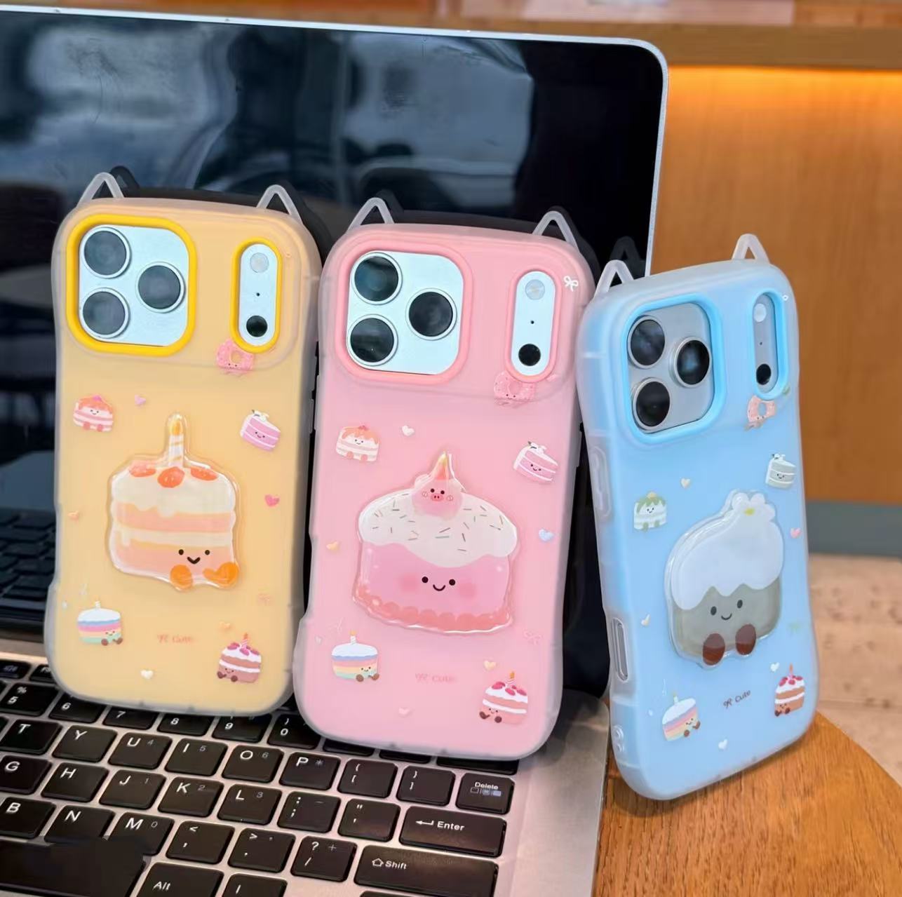 3D Cute Cake Phone Case with Cat Ears, Aesthetic Pastel Color Protective Cover with Lovely Food Print