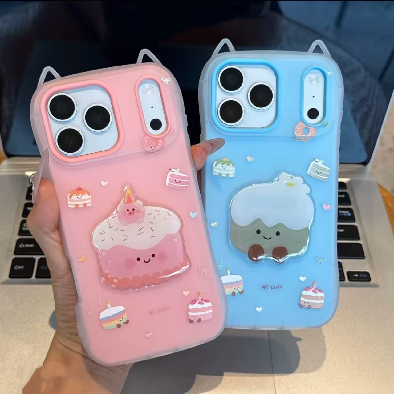 3D Cute Cake Phone Case with Cat Ears, Aesthetic Pastel Color Protective Cover with Lovely Food Print
