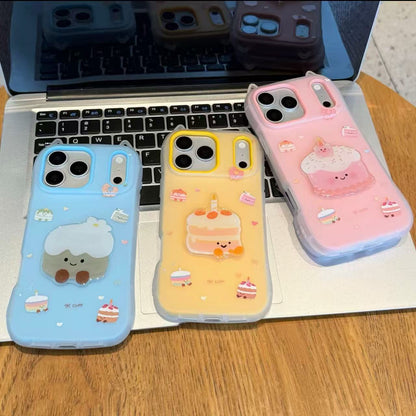 3D Cute Cake Phone Case with Cat Ears, Aesthetic Pastel Color Protective Cover with Lovely Food Print