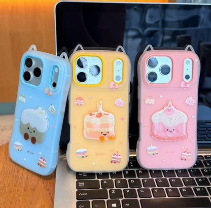 3D Cute Cake Phone Case with Cat Ears, Aesthetic Pastel Color Protective Cover with Lovely Food Print