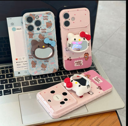 Hello Kitty Phone Case with 3D Mirror Grip Stand, Cute Cartoon Shockproof Protective Cover with Cherry & Bear Print for iPhone