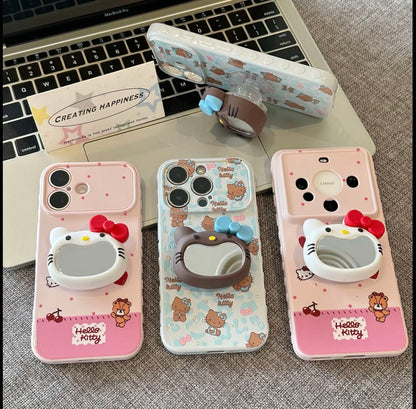 Hello Kitty Phone Case with 3D Mirror Grip Stand, Cute Cartoon Shockproof Protective Cover with Cherry & Bear Print for iPhone