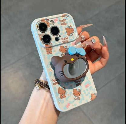 Hello Kitty Phone Case with 3D Mirror Grip Stand, Cute Cartoon Shockproof Protective Cover with Cherry & Bear Print for iPhone
