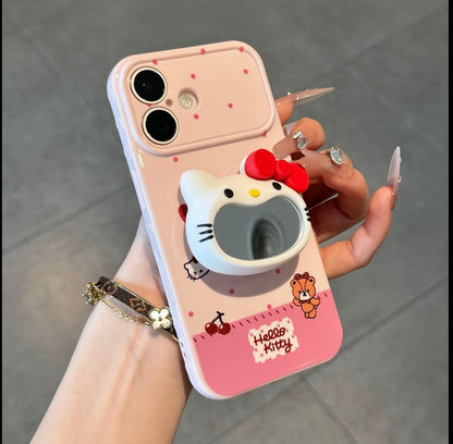 Hello Kitty Phone Case with 3D Mirror Grip Stand, Cute Cartoon Shockproof Protective Cover with Cherry & Bear Print for iPhone