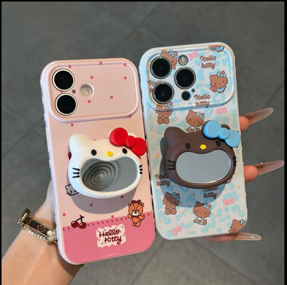 Hello Kitty Phone Case with 3D Mirror Grip Stand, Cute Cartoon Shockproof Protective Cover with Cherry & Bear Print for iPhone