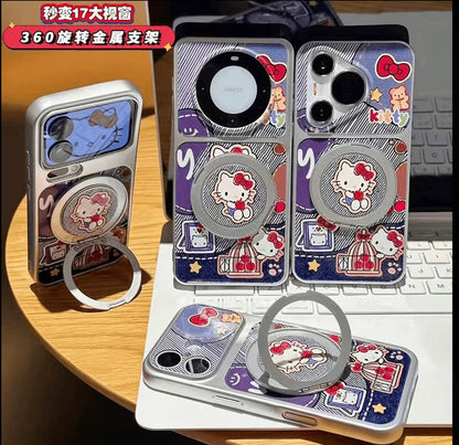 Denim Style Hello Kitty Phone Case with 360° Rotating Magnetic Ring Stand, Cute Cartoon Shockproof Protective Cover with Full Camera Protection
