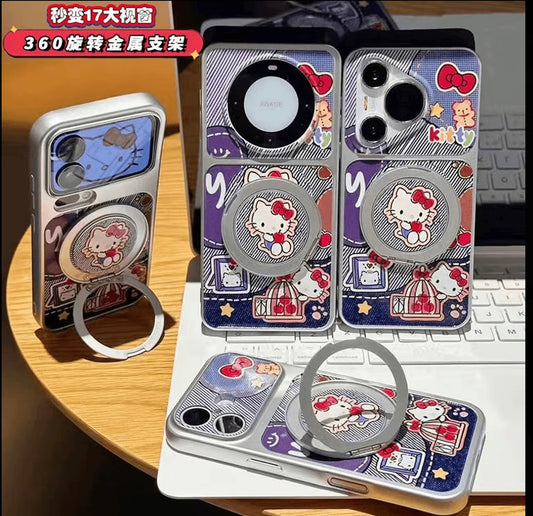 Denim Style Hello Kitty Phone Case with 360° Rotating Magnetic Ring Stand, Cute Cartoon Shockproof Protective Cover with Full Camera Protection