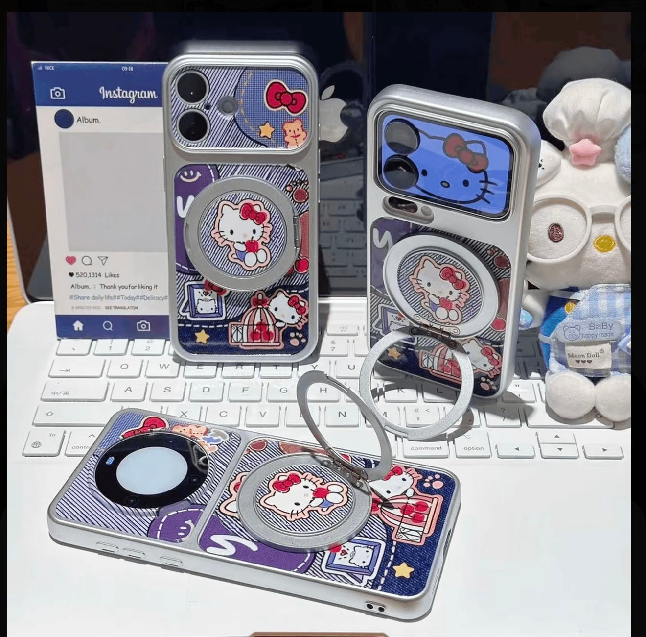 Denim Style Hello Kitty Phone Case with 360° Rotating Magnetic Ring Stand, Cute Cartoon Shockproof Protective Cover with Full Camera Protection
