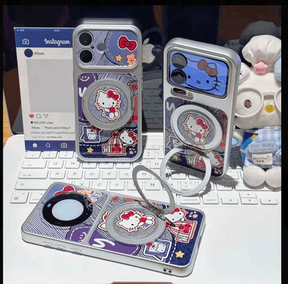 Denim Style Hello Kitty Phone Case with 360° Rotating Magnetic Ring Stand, Cute Cartoon Shockproof Protective Cover with Full Camera Protection